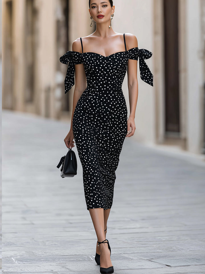 Sukienka Midi Bodycon Off-Shoulder z Akcentami Wstążek w Groszki