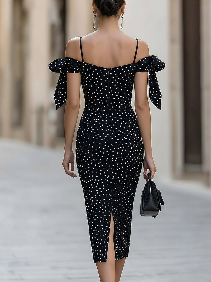 Sukienka Midi Bodycon Off-Shoulder z Akcentami Wstążek w Groszki